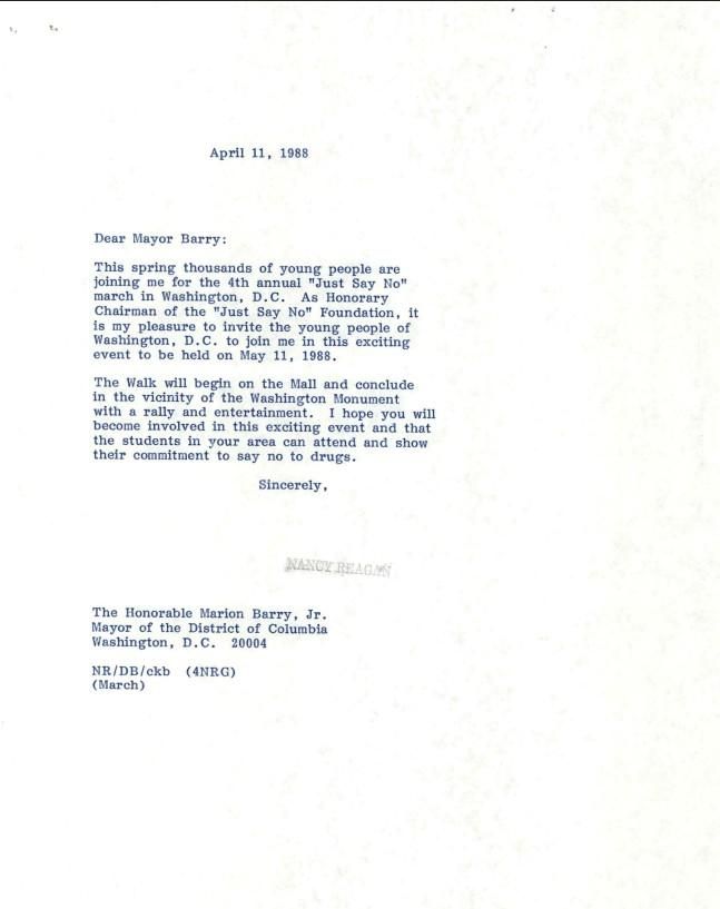Letter, From: Nancy Reagan To: The Honorable Marion Barry, Jr. dated 04/11/1988 case file 560285 HE006-01 (Health: Medicines – Drugs – Serums: Narcotics) WHORM Subject File