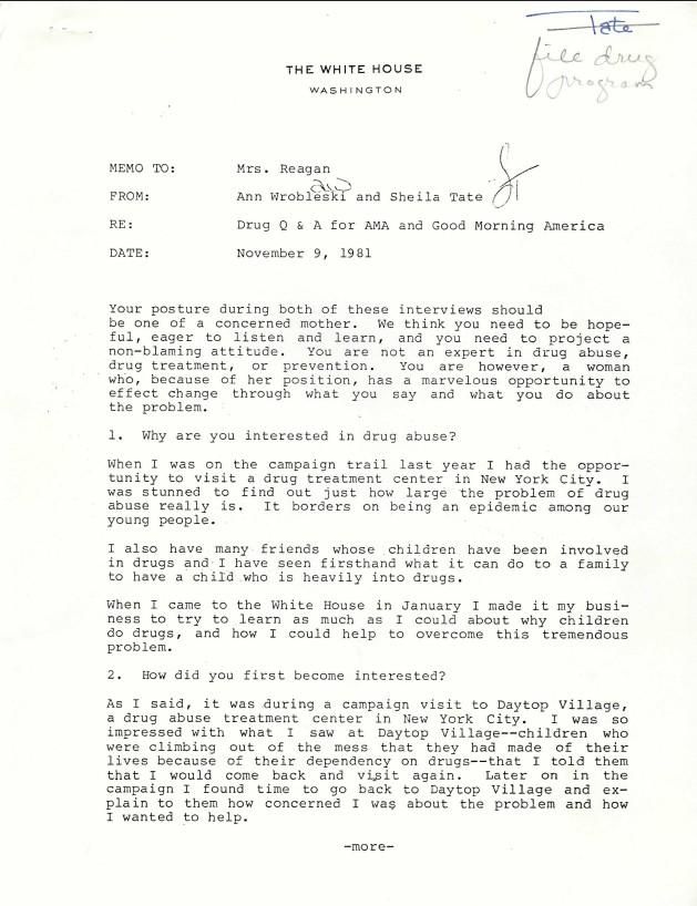 Page 1 of Memo to: Mrs. Reagan From: Ann Wrobleski and Sheila Tate re: Drug Q & A for AMA and Good Morning America First Lady, Office of the: Press Office: Records OA 15733 Drug Program (Strategy on Mrs. Reagan and the Campaign against Drug Abuse as It Was Just Getting Started in 1981)