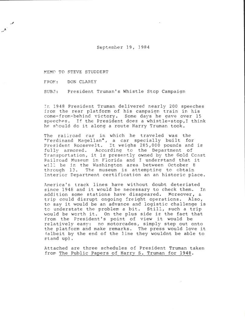 Page 3, Memo from Don Clarey to Steve Studdert re: "President Truman's Whistle Stops Campaign," from Clarey, Donald: Files (Office of Cabinet Affairs), Box OA 14307, Folder Title: Whistle Stop 10/12/1984 (1)