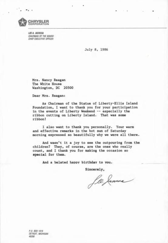 Letter, From: Lee Iacocca To: Mrs. Nancy Reagan Dated: July 8, 1986 WHORM Subject File ME001 (Messages: Messages, Presidential) Box 147 case file 431835