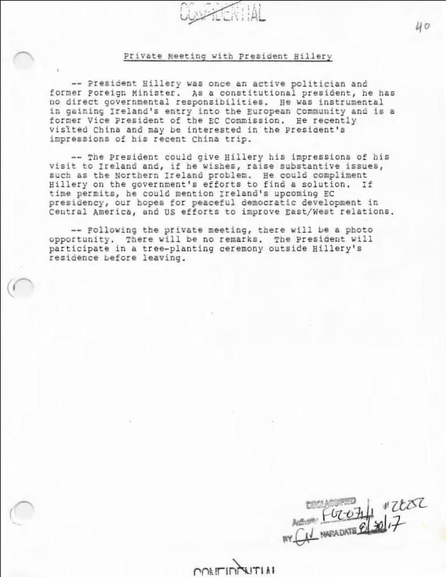 Private Meeting with President Hillery, Executive Secretariat, NSC: Subject File: Records Box 114 Trip, Presidential-Europe, Normandy, Ireland (Vice President Briefing Book) (06/01/1984-06/10/1984) (1 of 5)