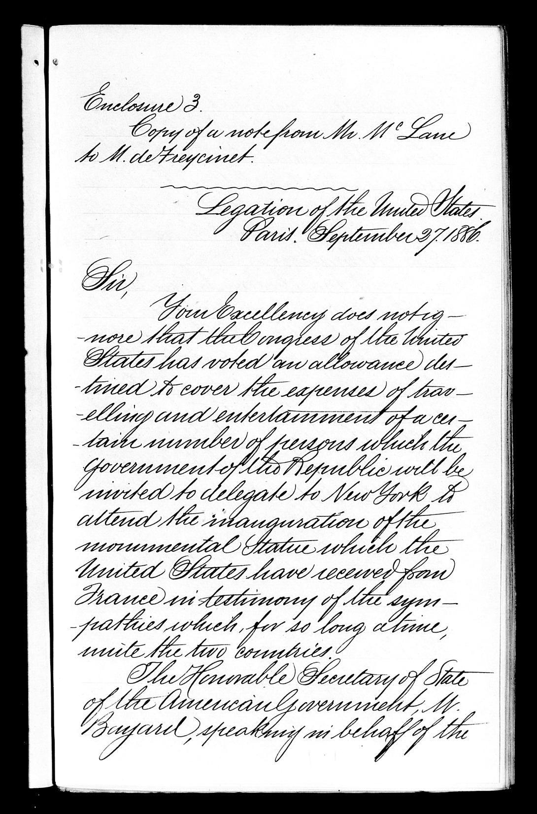 Page 1, Note, From: Robert M. McLane To: Mr. de Freycinet Dated: September 27, 1886 Apr. 1-Dec. 31, 1886 Despatches from U.S. Ministers to France, 1789-1906 Despatches from Diplomatic Officers 1789-1906 Record Group 59 General Records of the Department of State 1763-2002 NAID: 188708438