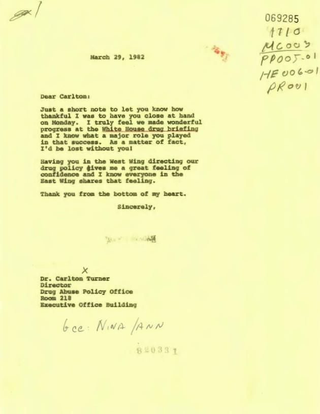 Letter, From: Nancy Reagan To: Dr. Carlton Turner dated 03/29/1982 casefile 069285 MC003 (Meeting – Conferences: Briefings – Conferences) WHORM Subject File