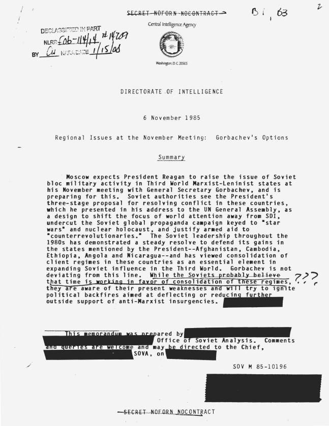Page 1, Regional Issues at the November Meeting: Gorbachev’s Options dated November 6, 1985, Directorate of Intelligence, Central Intelligence Agency Matlock, Jack F.: Files Box 47 D.2. Intelligence Reports