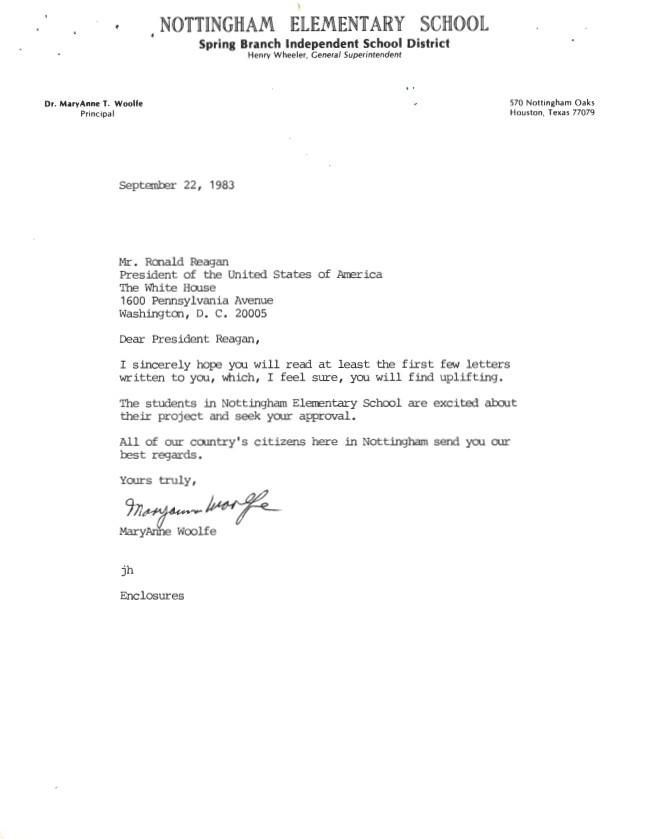 Letter, From: MaryAnne Woolfe To: Mr. Ronald Reagan Dated: September 22, 1983 WHORM Subject File PA002 (Parks – Monuments: Materials – Monuments) Box 4 case file 181563