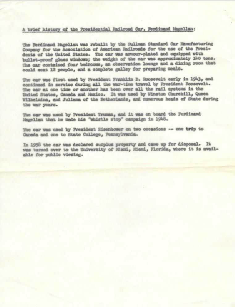Page 4, "A Brief History of the Presidential Railroad Car, Ferdinand Magellan," from Correspondence, Office of: Records, Box 67, Folder Title: Presidential Trains