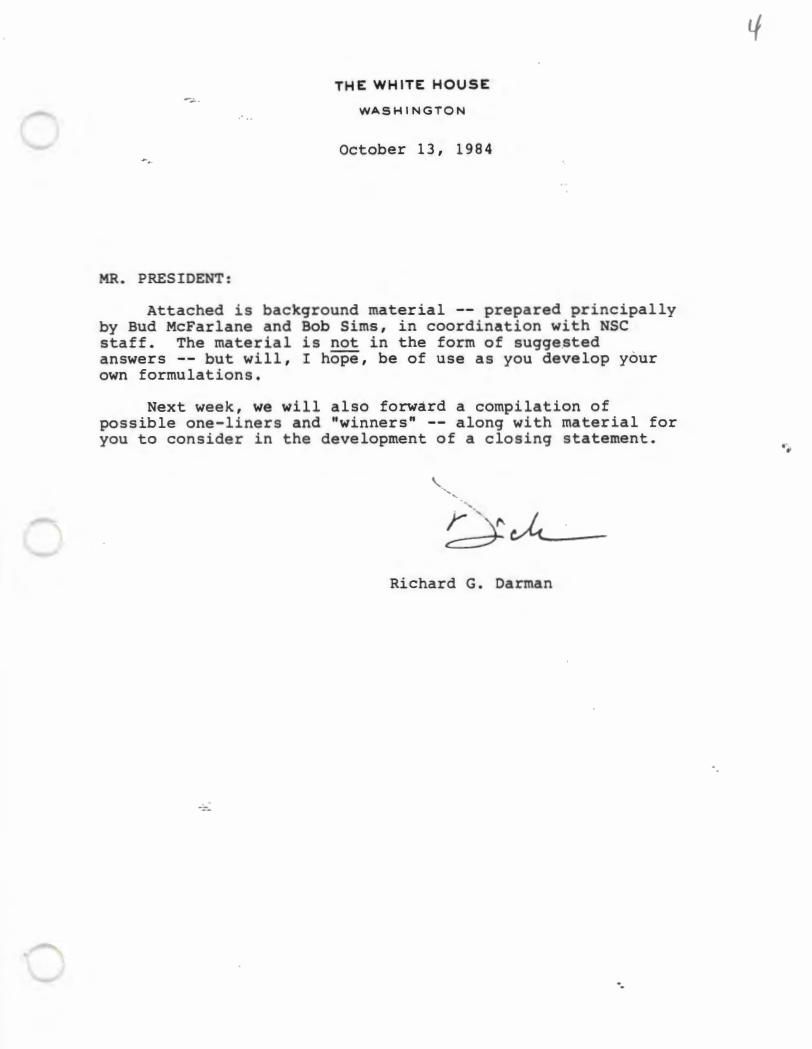 Page 4, Memo from Richard Darman to the President re: background material for upcoming debate, from McFarlane, Robert C. (Bud): Files (National Security Affairs), RAC Box 1, Folder Title: 1984 Presidential Debates (1) 