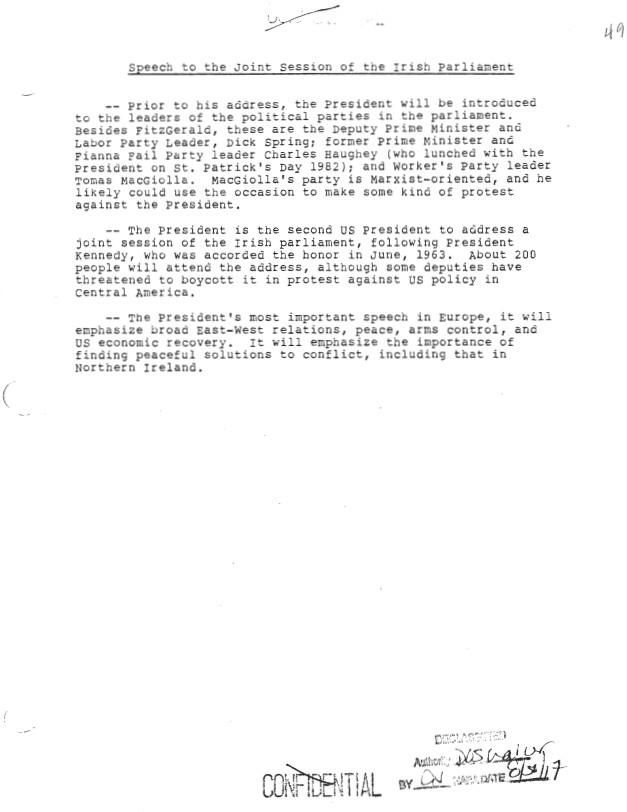 Speech to the Joint Session of the Irish Parliament, Executive Secretariat, NSC: Subject File: Records Box 114 Trip, Presidential-Europe, Normandy, Ireland (Vice President Briefing Book) (06/01/1984-06/10/1984) (1 of 5)