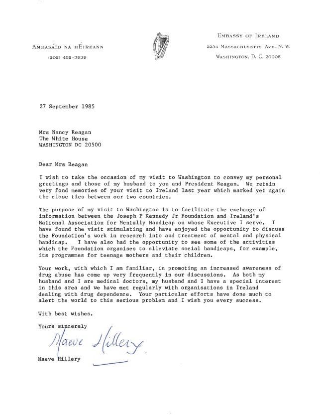 Letter, From: Maeve Hillery, To: Mrs. Nancy Reagan, dated 09/27/1985 WHORM Subject File CO073 (Countries: Ireland) case file 348150
