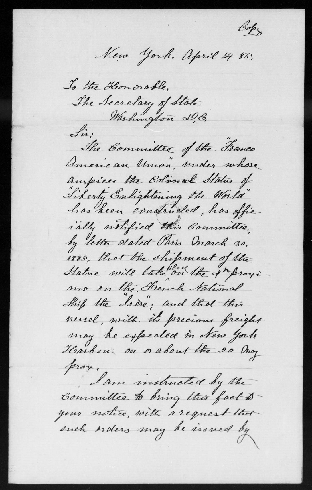 Page 1, Letter, From: JMG Stone To: The Honorable Secretary of State, Dated: April 14, 1885 1885 - File No. 2283 - Endicott, Wm C Letters Received 1805-1889 Record Group 94 Records of the Adjutant General’s Office 1762-1984 NAID: 146490489
