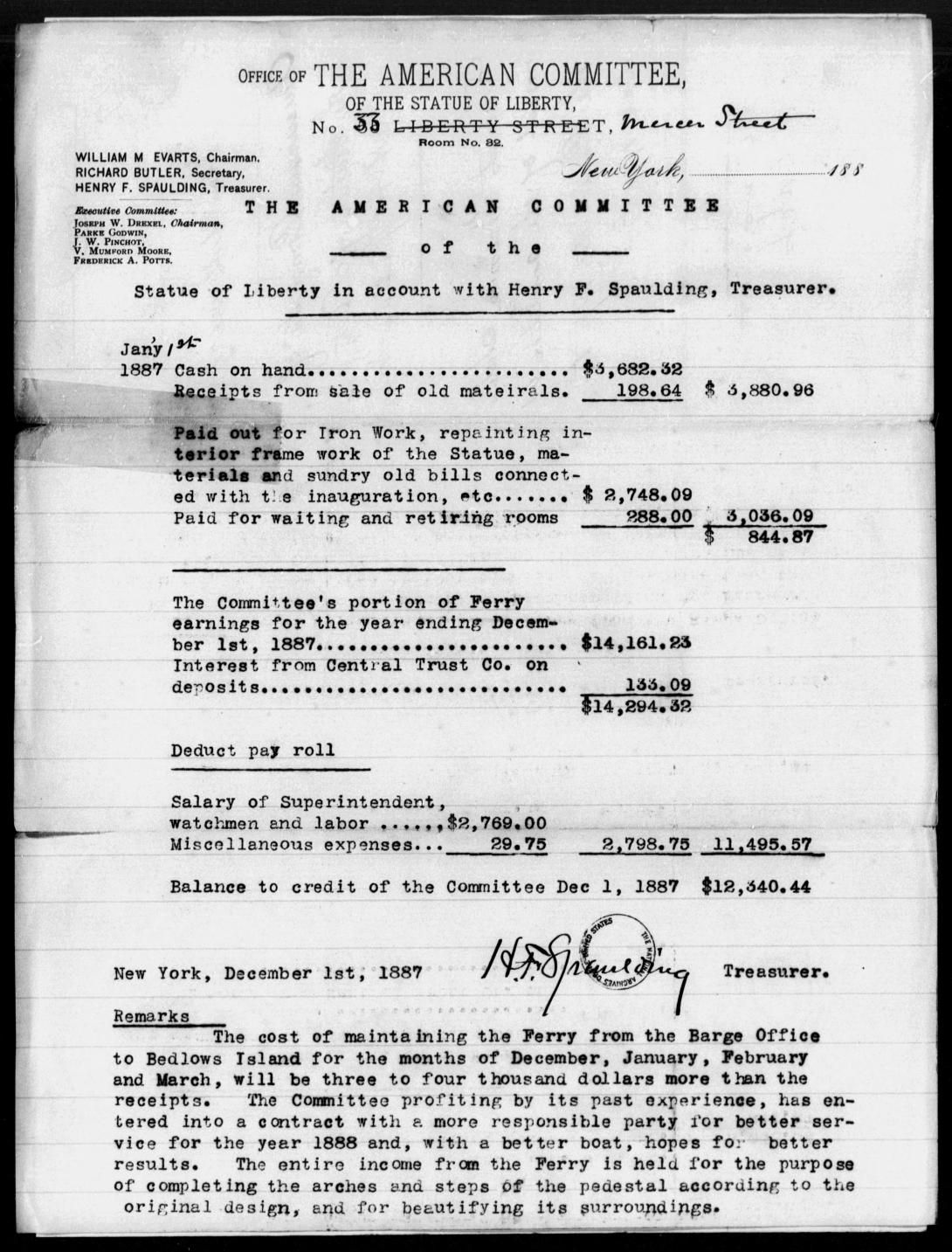 The American Committee of the Statue of Liberty in account with Henry F. Spaulding, Treasurer, Dated: December 1, 1887 1888 - File No. 266 – Spaulding, H F – New York Letter Received 1805-1889 Record Group 94 Records of the Adjutant General’s Office 1762-1984 NAID: 146592193