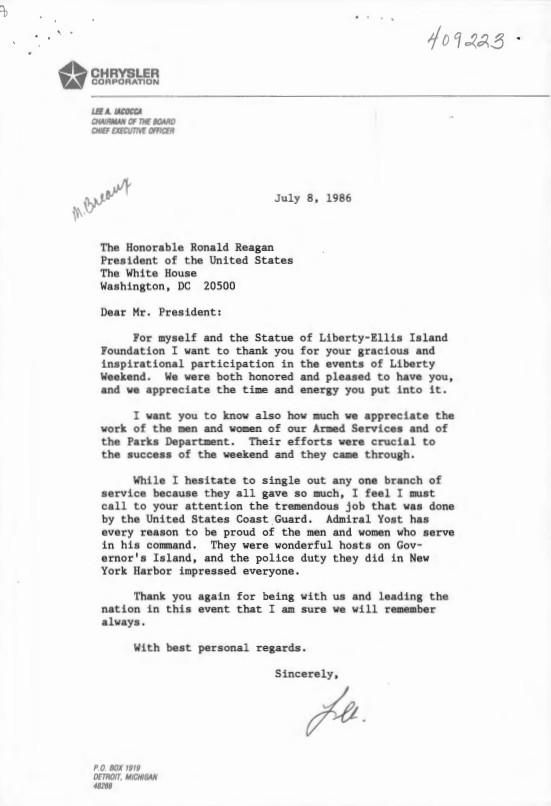 Letter, From: Lee To: The Honorable Ronald Reagan Dated: July 8, 1986 WHORM Subject File PA002 (Parks – Monuments: Materials – Monuments) Box 7 case file 409223