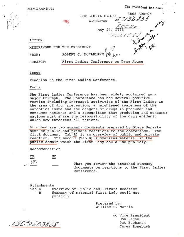 Memorandum for the President From: Robert C. McFarlane Subject: First Ladies Conference on Drug Abuse 05/23/1985 case file 271562SS FO006 (Foreign Affairs: International Conferences) WHORM Subject File