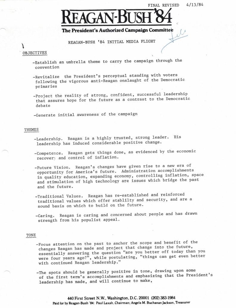  Page 5, "Reagan-Bush '84 Initial Medial Flight, "From Deaver, Michael: Files (Office of Deputy Chief of Staff), Box 67, Folder Title: Campaign 1984 (4)