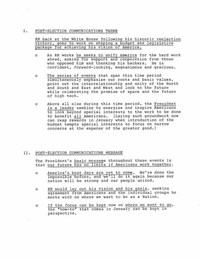 Page 5, Excerpt from the Post-Election Communications Plan, From Fuller, Craig: Files (Office of Cabinet Affairs), Box OA 10593, Folder Title: OCA Miscellaneous File, 1984: [Post-Election Communications Plan]