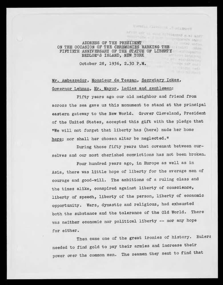 Page 1, New York City, New York – Address at Statue of Liberty (Speech File 997) of October 28, 1936 Franklin D. Roosevelt Master Speech Files January 19, 1898-April 13, 1945 Franklin D. Roosevelt Library Local ID: msf01023 NAID: 122186797