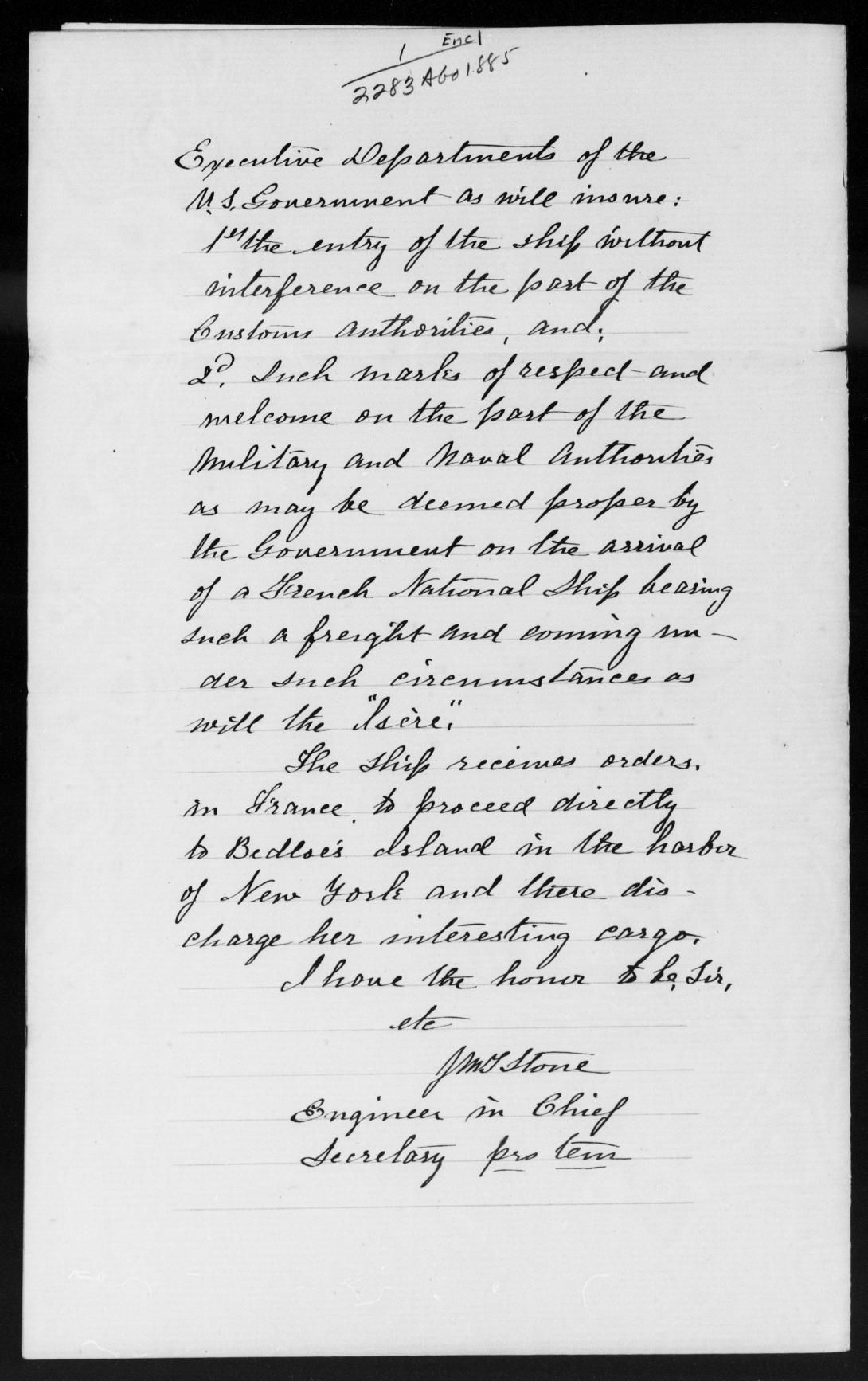 Page 2, Letter, From: To: JMG Stone The Honorable Secretary of State, Dated: April 14, 1885 1885 - File No. 2283 - Endicott, Wm C Letters Received 1805-1889 Record Group 94 Records of the Adjutant General’s Office 1762-1984 NAID: 146490489