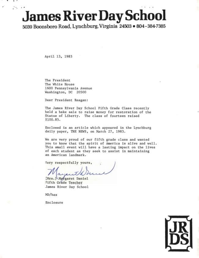 Letter, From: (Mrs.) Margaret Daniel To: The President Dated: April 13, 1983 WHORM Subject File PA002 (Parks – Monuments: Materials – Monuments) Box 4 case file 146143