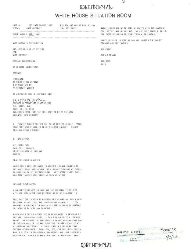 Cable, Subject: Letter from the President to Prime Minister Haughey (S/S 8209342), 04/07/1982, Executive Secretariat, NSC: Head of State File: Records Box 16 Ireland: Prime Minister Haughey – Cables