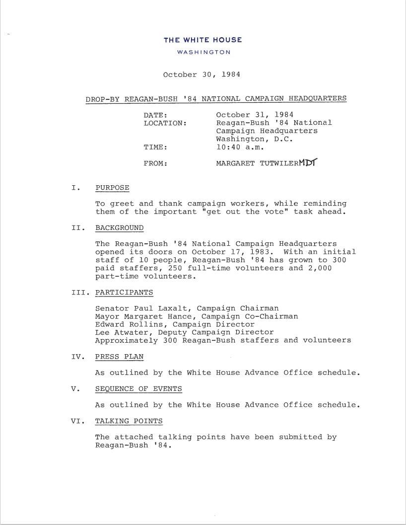 Page 6, "Drop-By Reagan-Bush '84 National Campaign Headquarters" 10/30/1984, from President, Office of the: Presidential Briefing Papers, Box 51, Folder Title: 10/31/1984 (case file 315631)