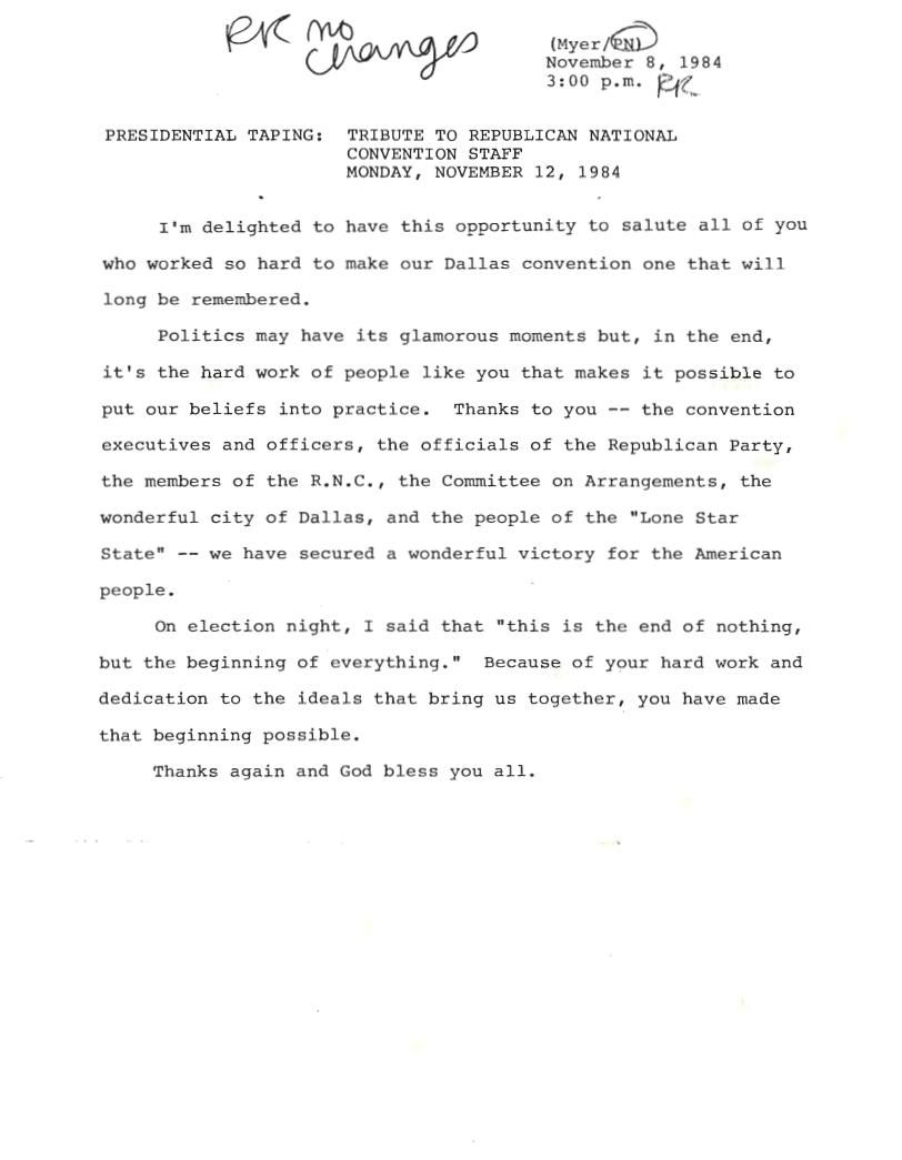 Page 6, speech draft "Tribute to Republican National Convention Staff" 11/12/1984, Speechwriting, Office of: Speech Drafts, Box 182, Folder Title: Taping: Tribute to Republican National Convention Staff (Myer) (White) 11/12/1984