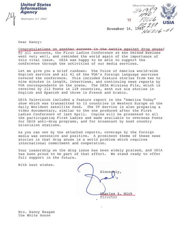 Letter, To: Mrs. Nancy Reagan From: Charles Z. Wick dated 11/14/1985 case file 361989 FO006 (Foreign Affairs: International Conferences) WHORM Subject File