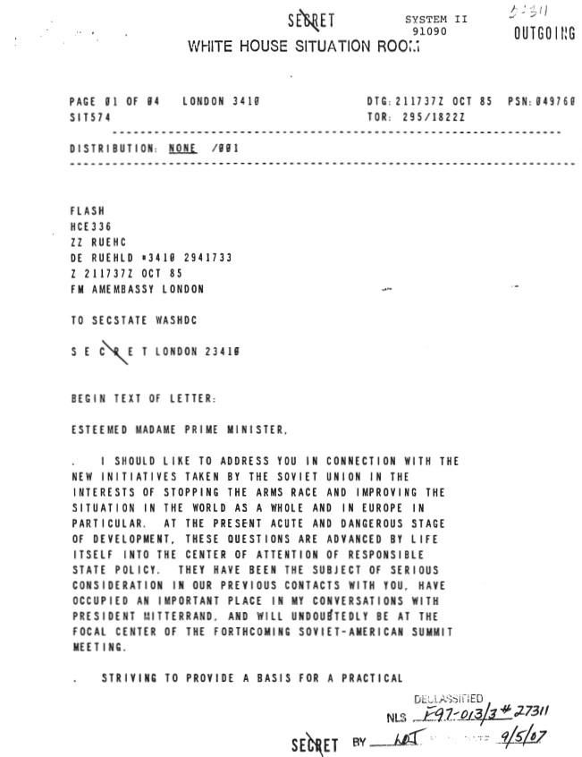 Page 1, Letter, From Ronald Reagan To Prime Minister Margaret Thatcher Matlock, Jack F., Jr.: Files Box 48 Geneva Meeting: Allied Correspondence NAID: 210839511