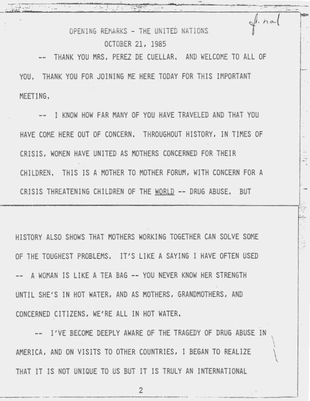 Page 1 and 2 of Opening Remarks – The United Nations 10/21/1985 Final Speechwriting, Office of: Speech Drafts: Records Box 436 Nancy Reagan: Opening and Closing at United Nations – 10/21/1985