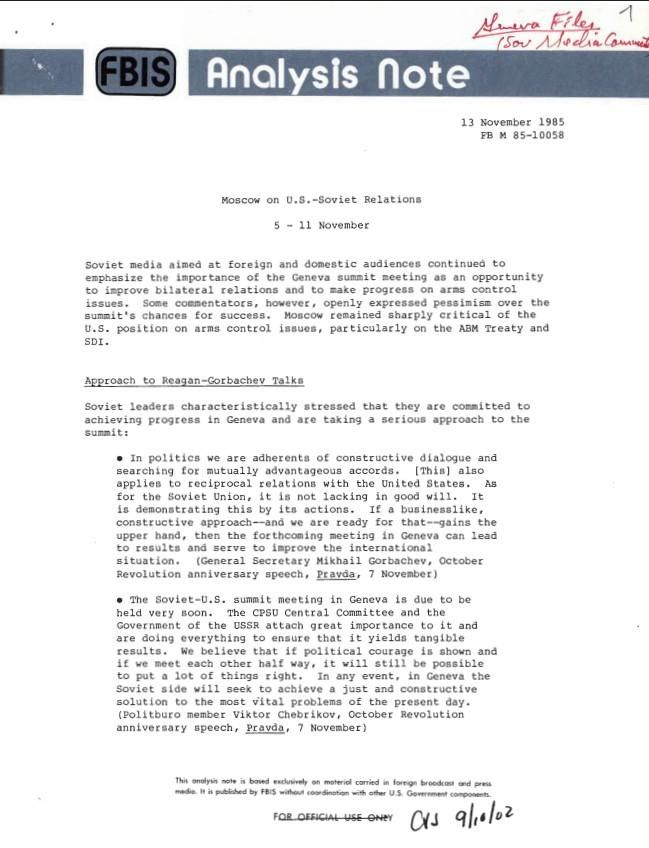 Page 1, Moscow on the U.S.-Soviet Relations 5-11 November dated 11/13/1985 FB M 85-10058 FBIS Analysis Note Matlock, Jack, Jr.: Files Box 48 L. Geneva Meeting: Soviet Propaganda Activities NAID: 210839509