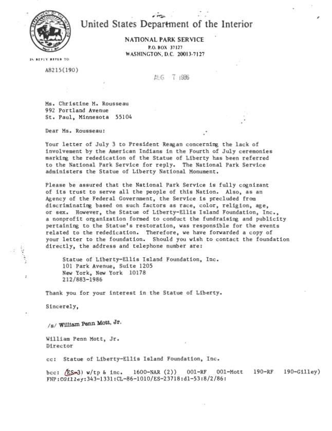 Letter, From: William Penn Mott, Jr. To: Ms. Christine M. Rousseau Stamped: August 7, 1986 WHORM Subject File IN (Indian Affairs) Box 11 case file 431261