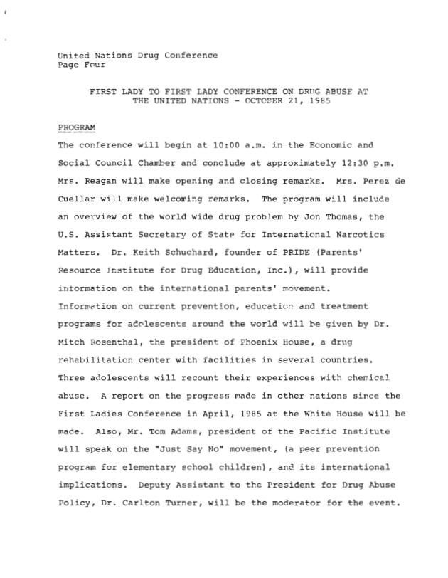 Program, Page 4 of #401 Media Advisory, The White House Office of the First Lady’s Press Secretary dated 10/10/1985 First Lady, Office of the: Press Office: Records OA 13711 #397 Media Advisory – Update on United Nations General Assembly Conference