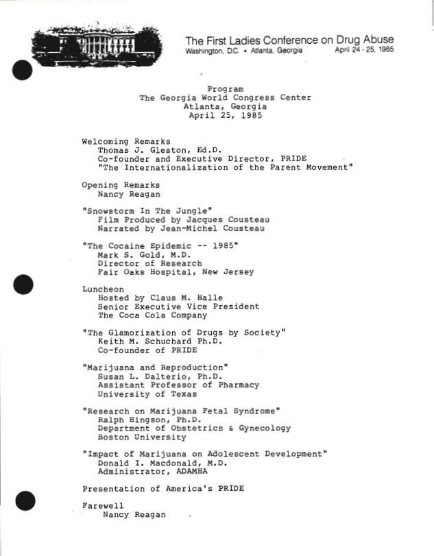 Program The Georgia World Congress Center Atlanta, Georgia 04/25/1985 First Lady, Office of the: Projects Office: Records OA 18726 First Ladies Conference on Drug Abuse 04/24/1985-04/25/1985 Briefing Book II (1 of 3)