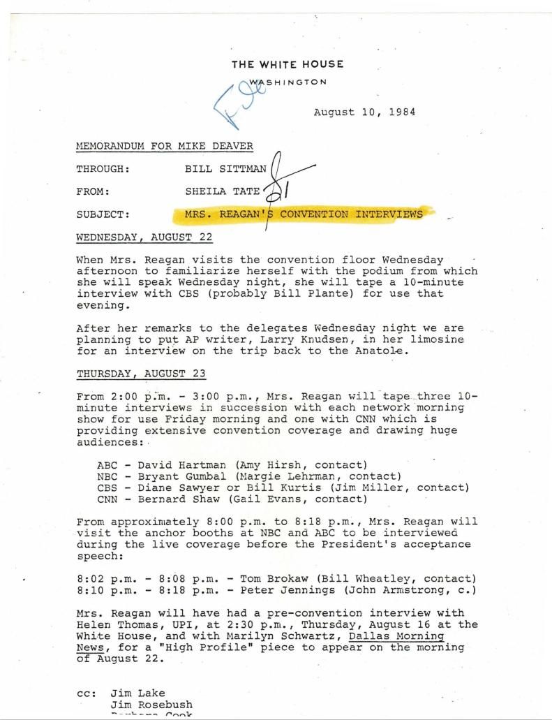 Page 9, Memo from Sheila Tate to Bill Sittman re: "Mrs. Reagan's Convention Interviews," from Deaver, Michael: Files (Office of Deputy Chief of Staff), Box 66, Folder Title: Republican National Convention (2)