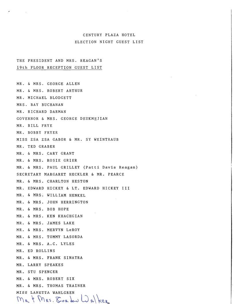 Page 3, "Century Plaza Hotel Election Night Guest List," from the Office of the First Lady, Box OA 13634, Folder Title: Election Night Guest Lists