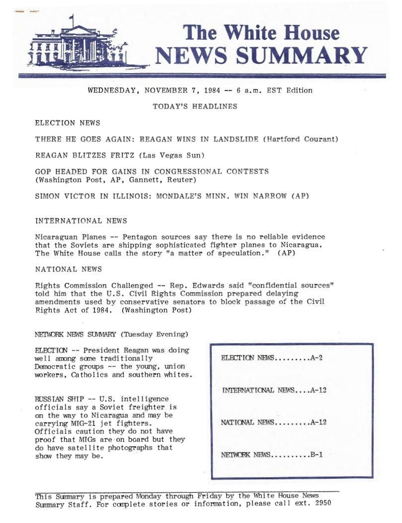 Page 2, "The White House News Summary," 11/07/1984,  from the White House News Summary Office, New Summary Finals, Box 376, Folder Title: 11/07/1984
