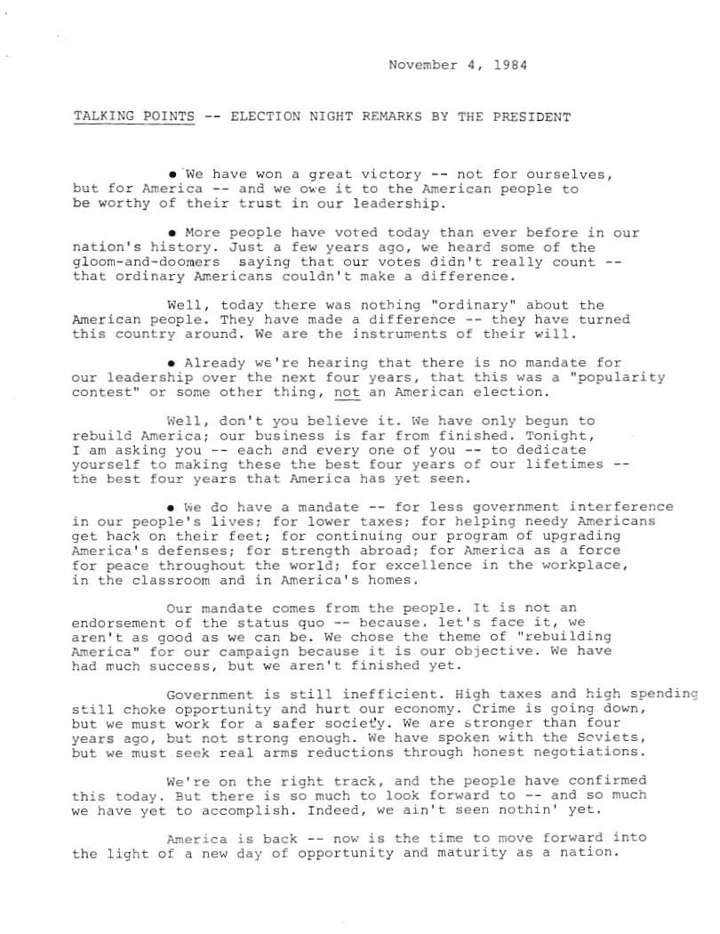 Page 10, "Talking Points - Election Night Remarks by the President," from the President, Office of the: Presidential Briefing Papers, Box 51, Folder Title: 11/06/1984 (case file 315706)