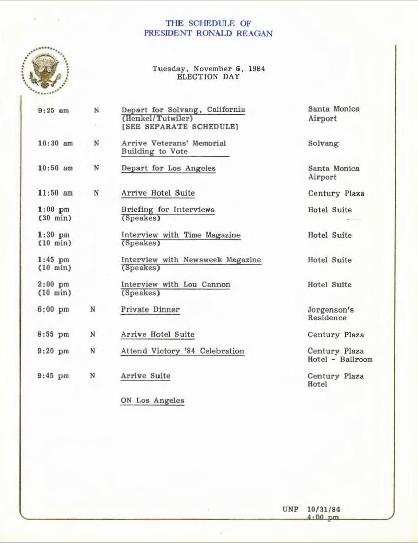Page 3, "The Schedule of President Ronald Reagan," 11/06/1984, from the President, Office of the: Presidential Briefing Papers, Box 51, Folder Title: 11/06/1984 (case file 315706)