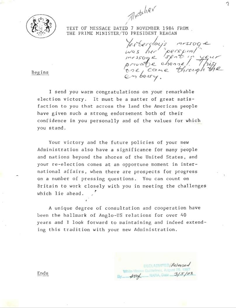 Page 4, Congratulatory Message from Prime Minister Thatcher to President Reagan, from the Executive Secretariat, NSC: Head of State File, Box 1, Folder Title: [Election/Inaugural Messages 1984-1985] (1 of 2) 