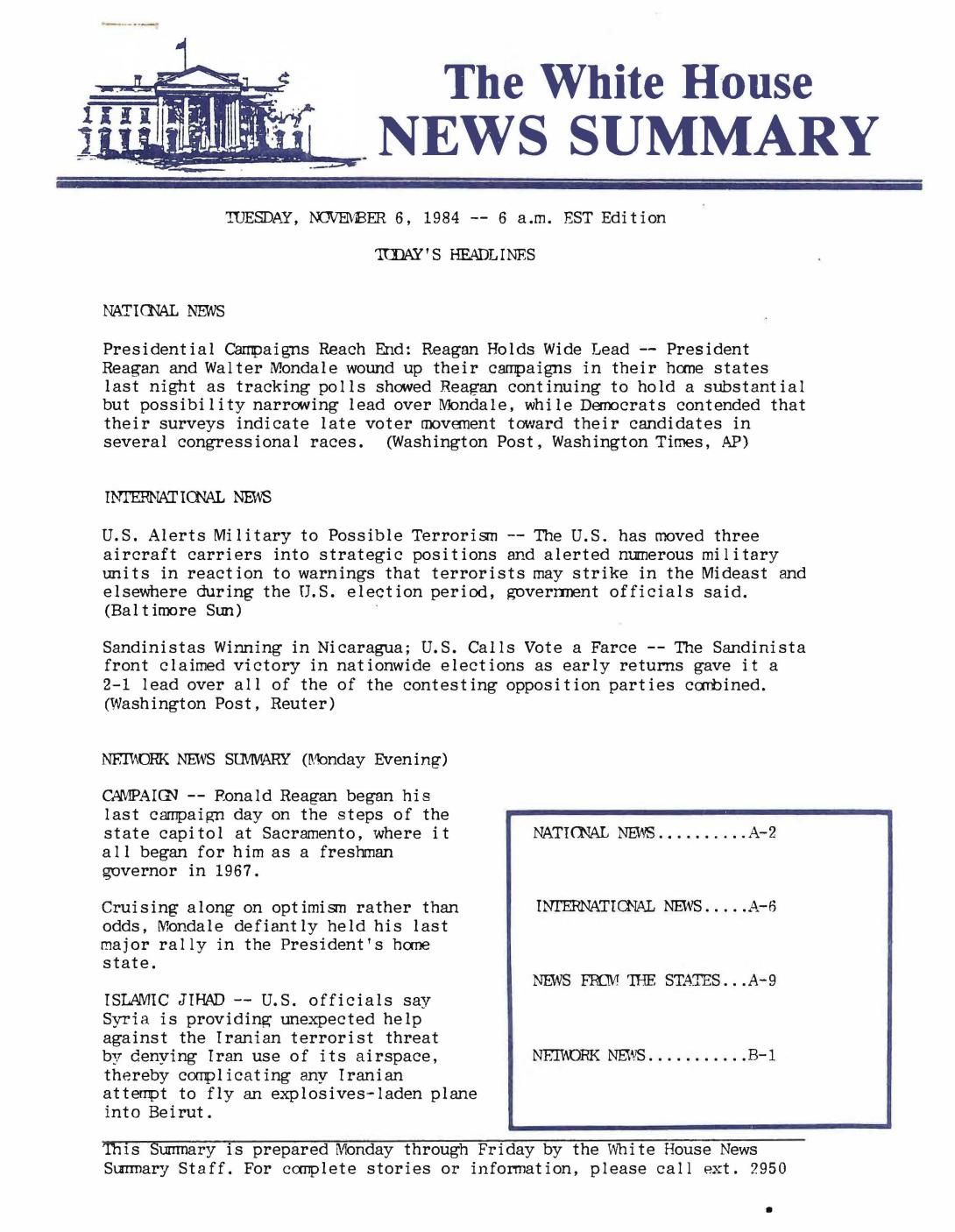 Page 2, "The White House News Summary" from 11/06/1984, from the White House News Summary Office: New Summary Finals, Box 376,  Folder Title: 11/06/1984