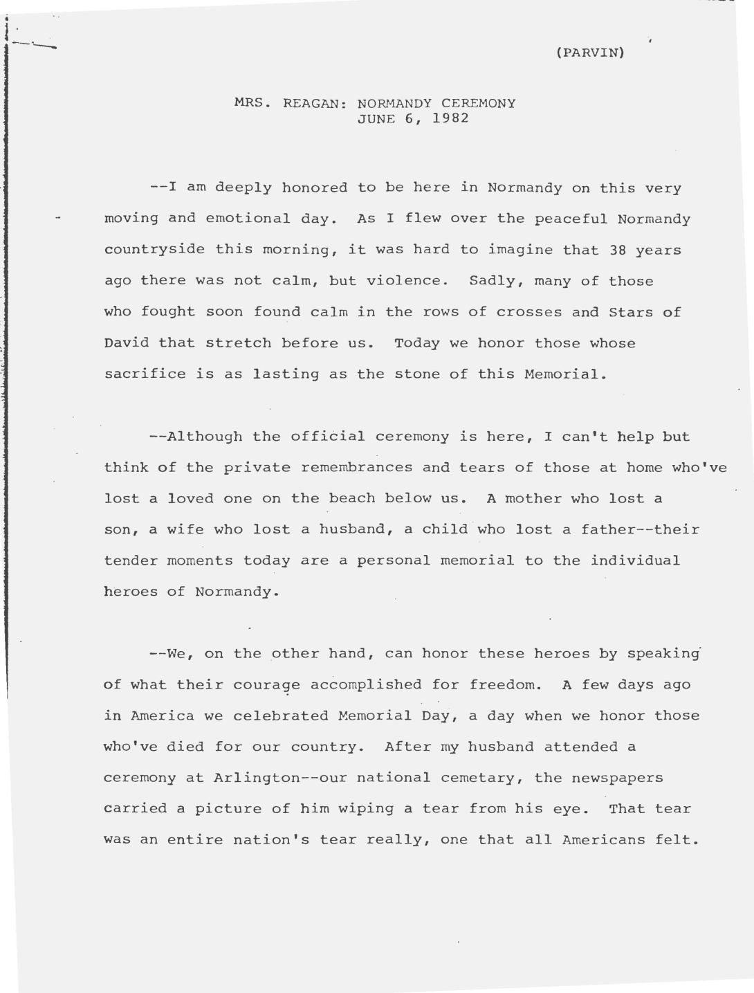 Nancy Reagan: Normandy Ceremony June 6, 1982 (Talking Points)