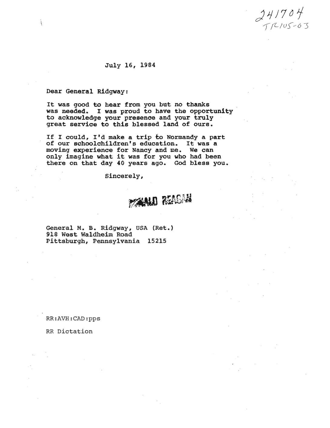Letter: Reagan to General M. B. Ridgway re: trip to Normandy 