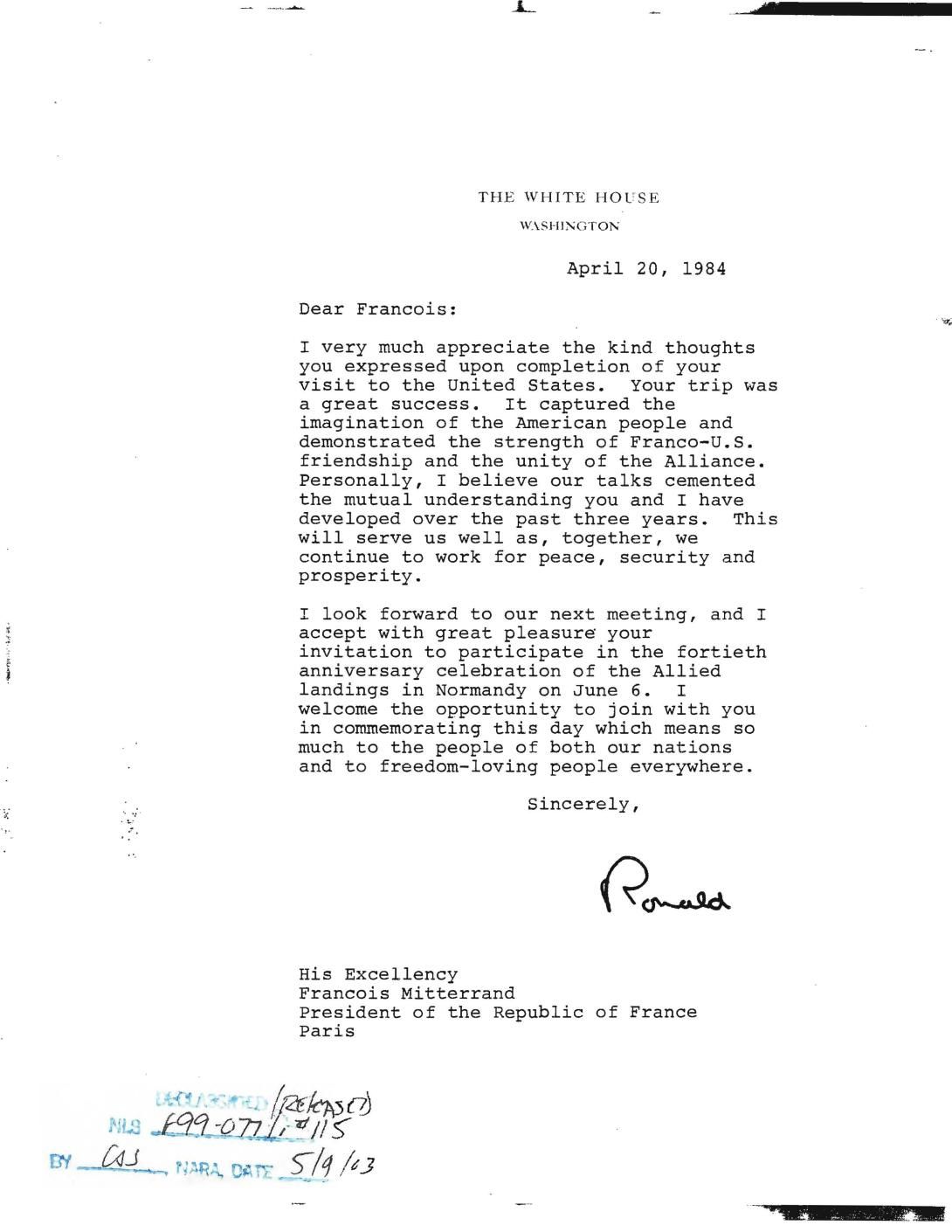 Letter: Reagan to President Francois Mitterrand re: D-Day Anniversary Participation  