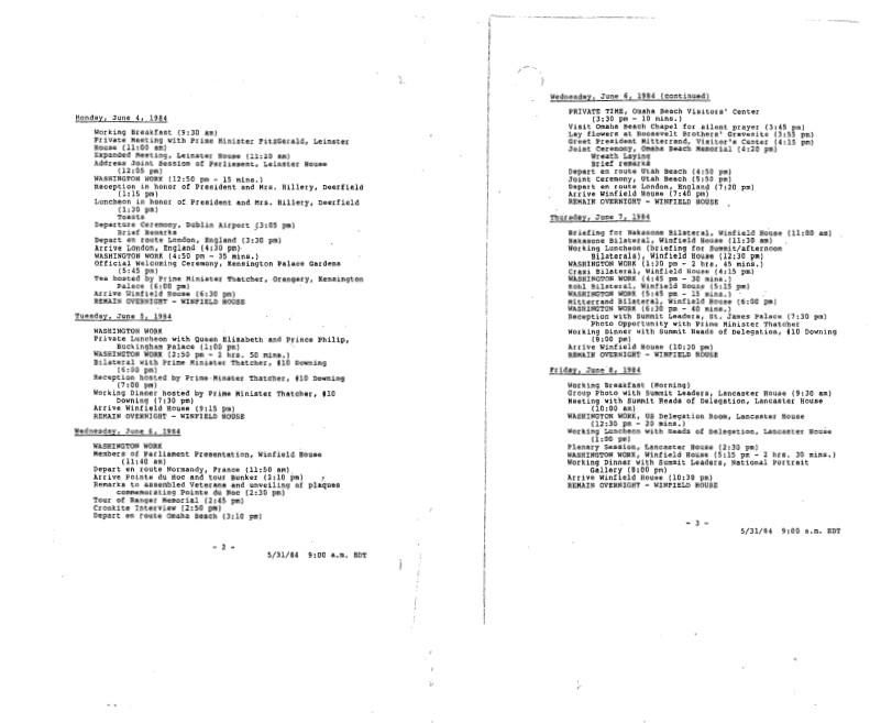 Page 2-3, Trip of the President to Europe June 1-10, 1984 Outline Schedule, dated 05/31/1984, Regan, Donald T.: Files [White House Transition: Briefing Materials: Sample Trip Schedule Book (President’s June 1984 Trip to Ireland, Normandy, and London)] (1 of 3)