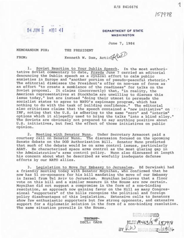 Memorandum, For: The President, From: Kenneth W. Dam, Acting, dated: 06/07/1984, Executive Secretariat, NSC: Agency File: Records RAC Box 7 Secretary of State’s Evening Reports (06/01/1984-06/29/1984)