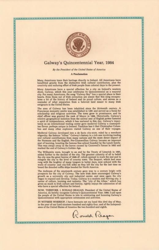 Proclamation, Galway’s Quincentennial Year, 1984, Correspondence, Office of: Records Box 75 (1984) Galway’s Quincentennial Year