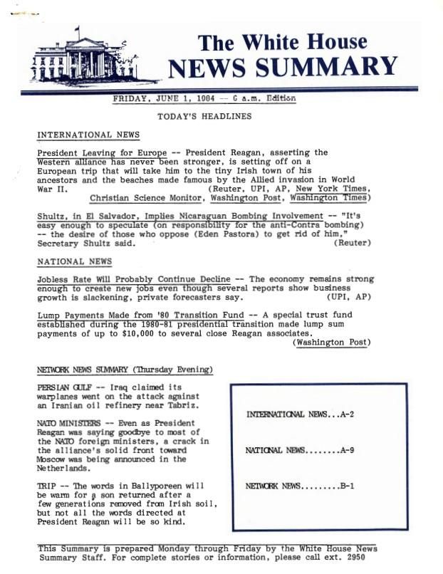 Page 1, The White House News Summary Friday, 06/01/1984 – 6 a.m. Edition, News Summary Office, White House: News Summaries SERIES II: WHITE HOUSE NEWS SUMMARY FINALS Box 372 06/01/1984