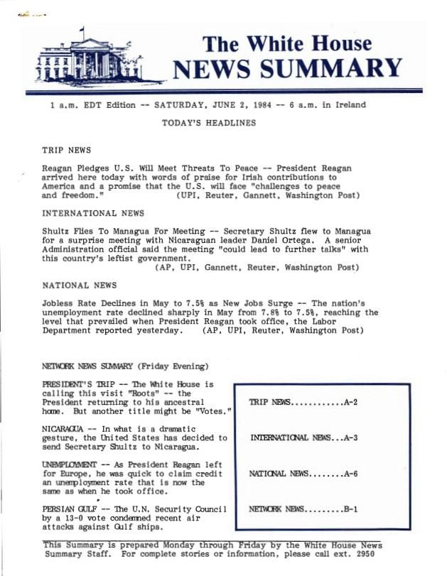 Page 1, The White House News Summary 1 a.m. EDT Edition – Saturday, 06/02/1984 – 6 a.m. in Ireland, News Summary Office, White House: News Summaries SERIES II: WHITE HOUSE NEWS SUMMARY FINALS Box 372 06/02/1984