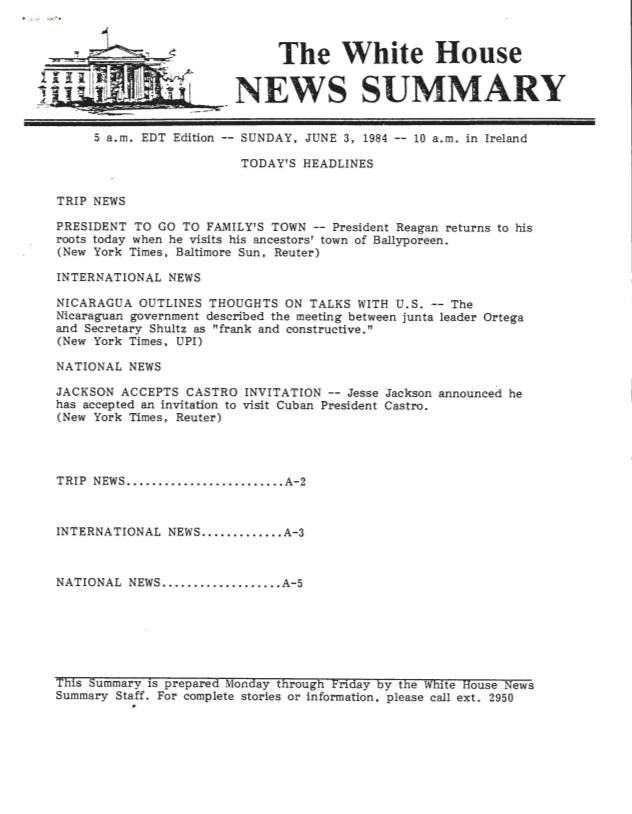 Page 1, The White House News Summary 5 a.m. EDT Edition – Sunday, 06/03/1984 – 10 a.m. in Ireland, News Summary Office, White House: News Summaries SERIES II: WHITE HOUSE NEWS SUMMARY FINALS Box 372 06/03/1984