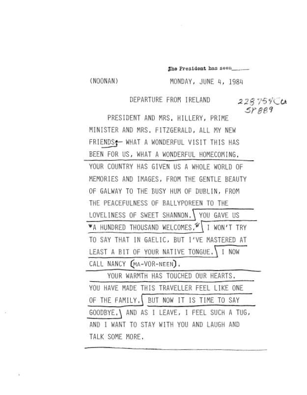 Page 1, 06/04/1984 Departure From Ireland 228754 SP889, White House Office of Records Management: Presidential Handwriting File SERIES III: PRESIDENTIAL SPEECHES Box 16 Folder 289 (06/01/0984-06/04/1984)