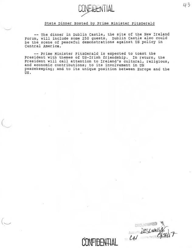 State Dinner Hosted by Prime Minister FitzGerald, Executive Secretariat, NSC: Subject File: Records Box 114 Trip, Presidential-Europe, Normandy, Ireland (Vice President Briefing Book) (06/01/1984-06/10/1984) (1 of 5)